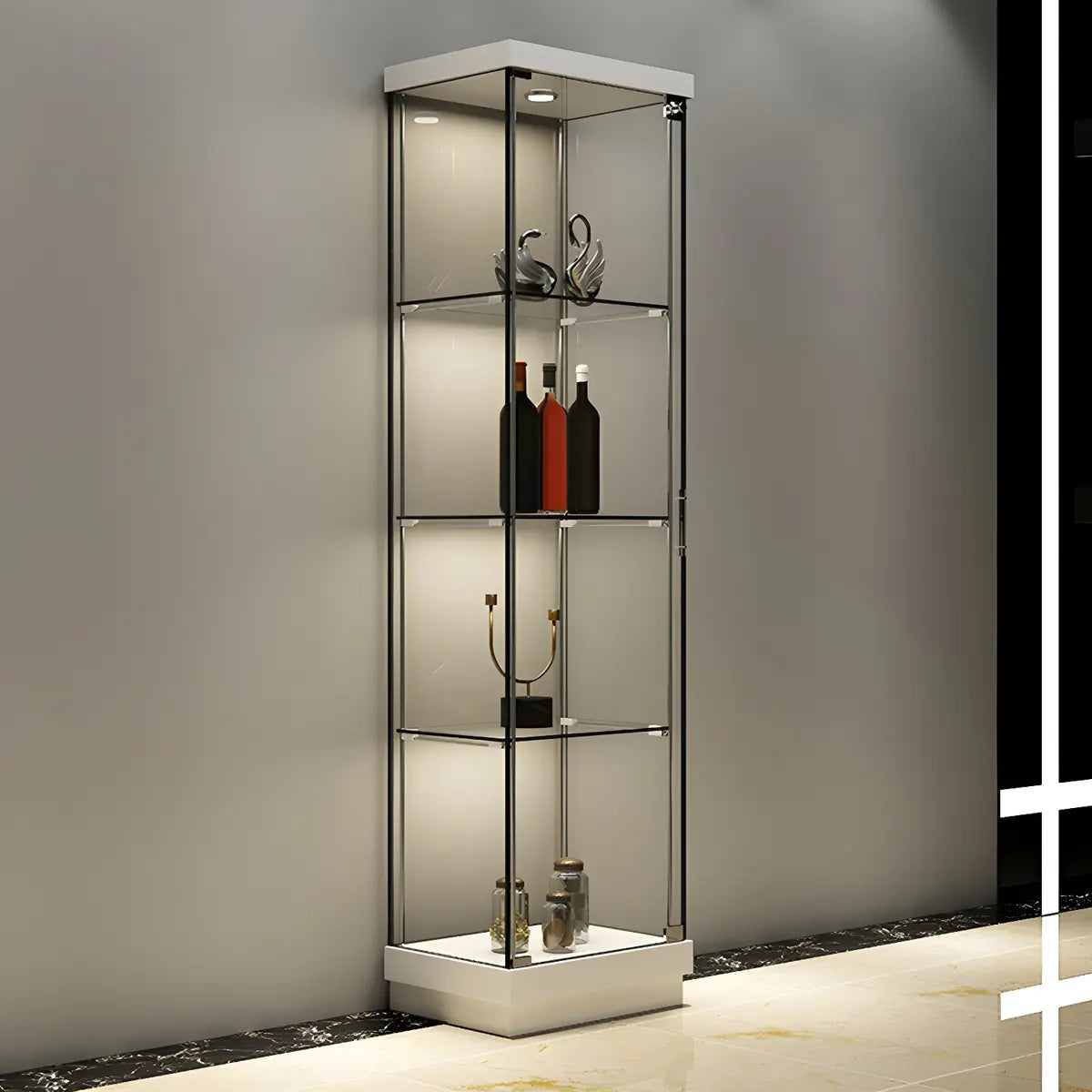 Fashion Black Clear Glass Tall Lit Display Cabinet