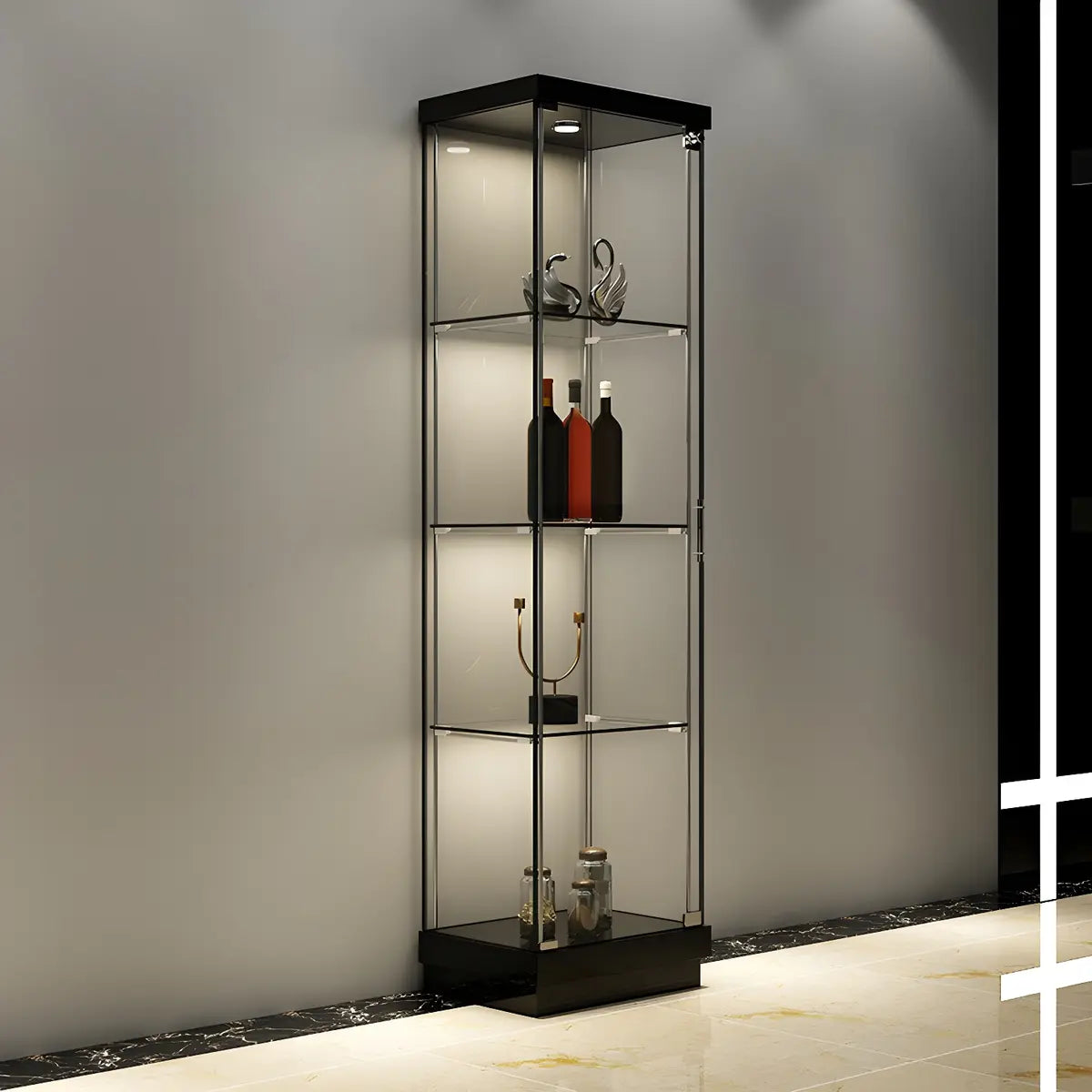 Fashion Black Clear Glass Tall Lit Display Cabinet — White