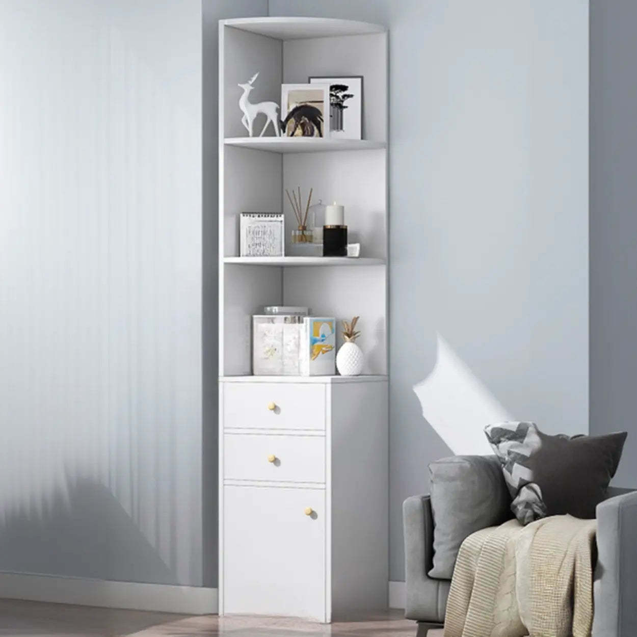Closed Back Corner Wooden Bookcase — White / Drawer Not Included