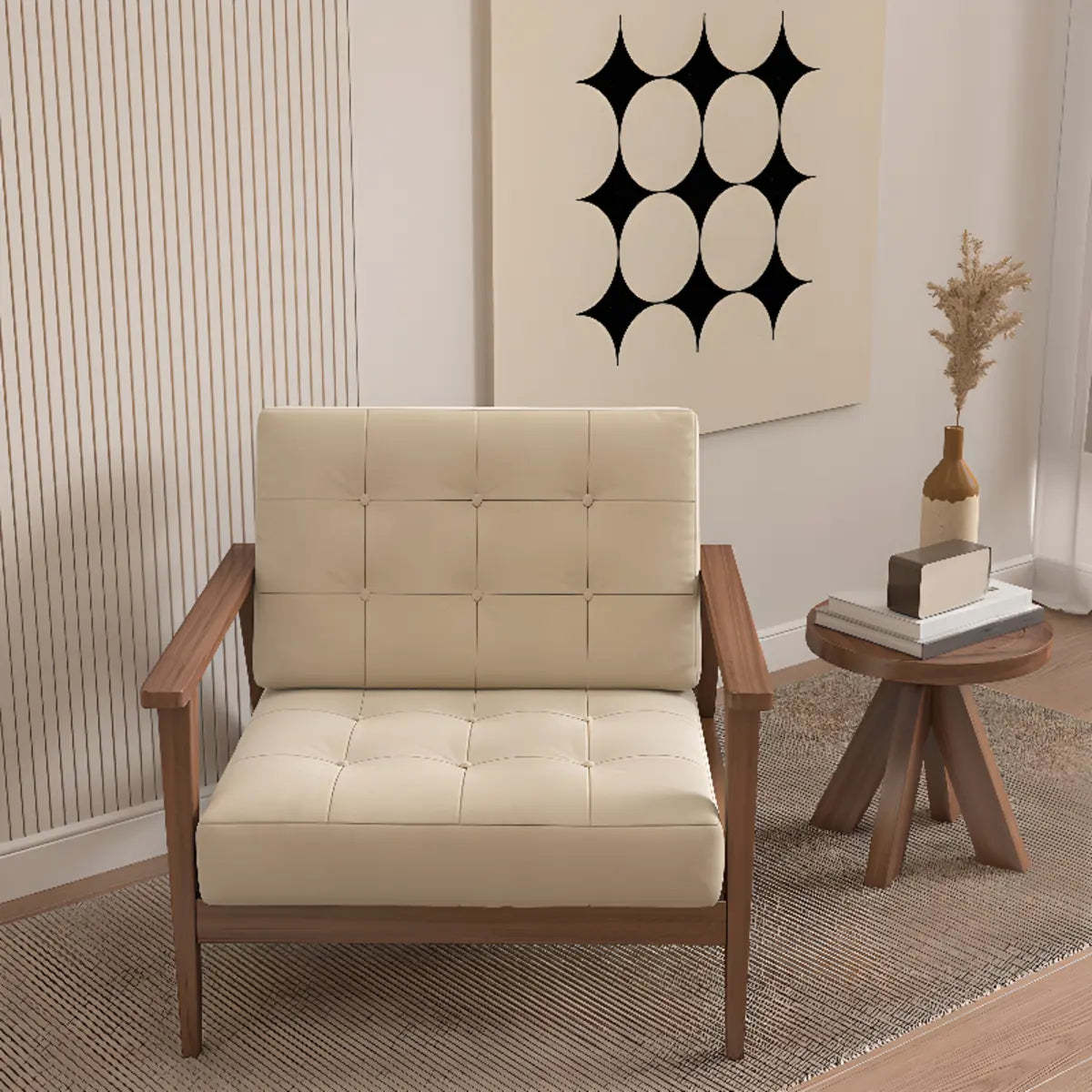 Faux Square Arm Tufted Back Lounge Chair — Brown / Faux Cotton Linen