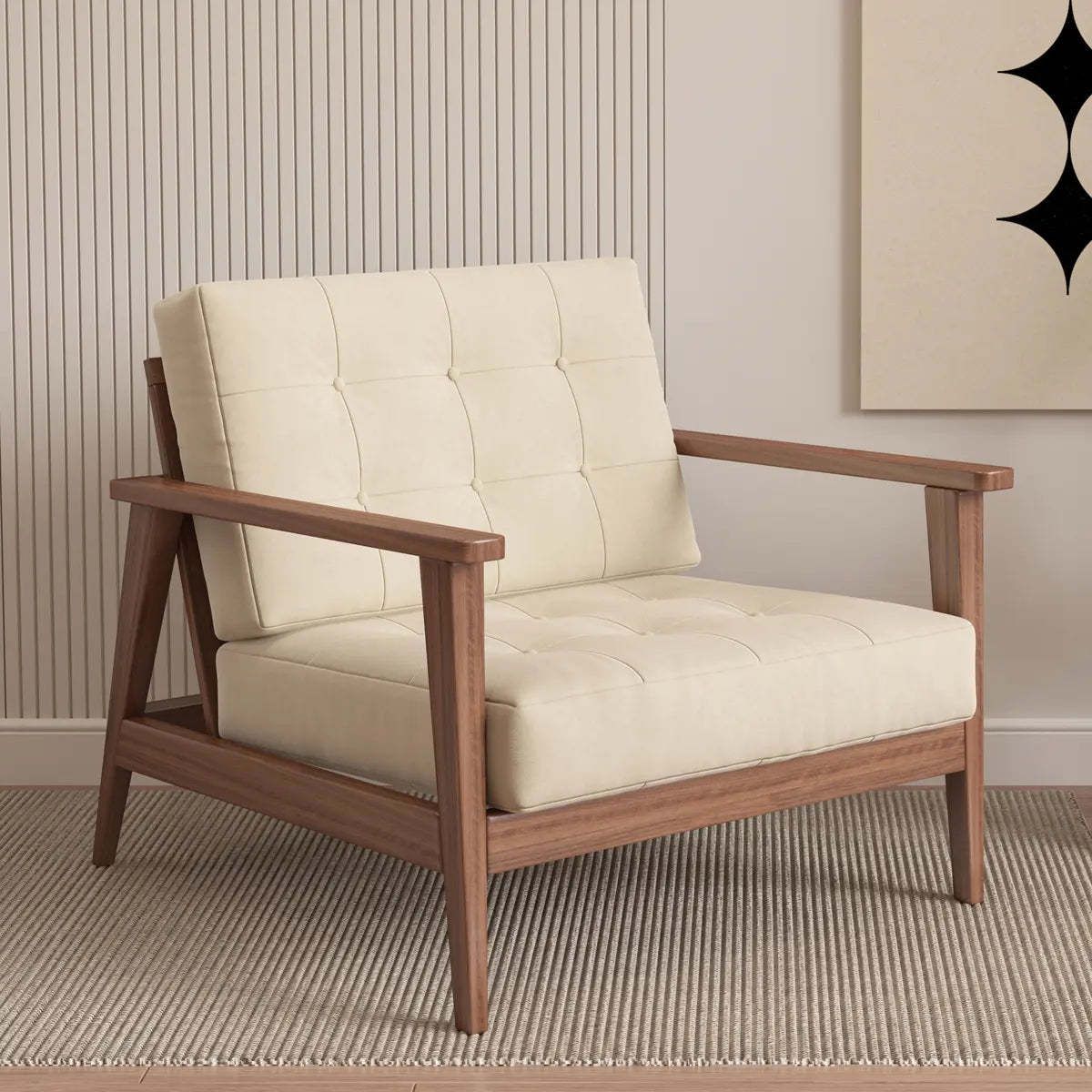 Faux Square Arm Tufted Back Lounge Chair — White / Faux Cotton Linen