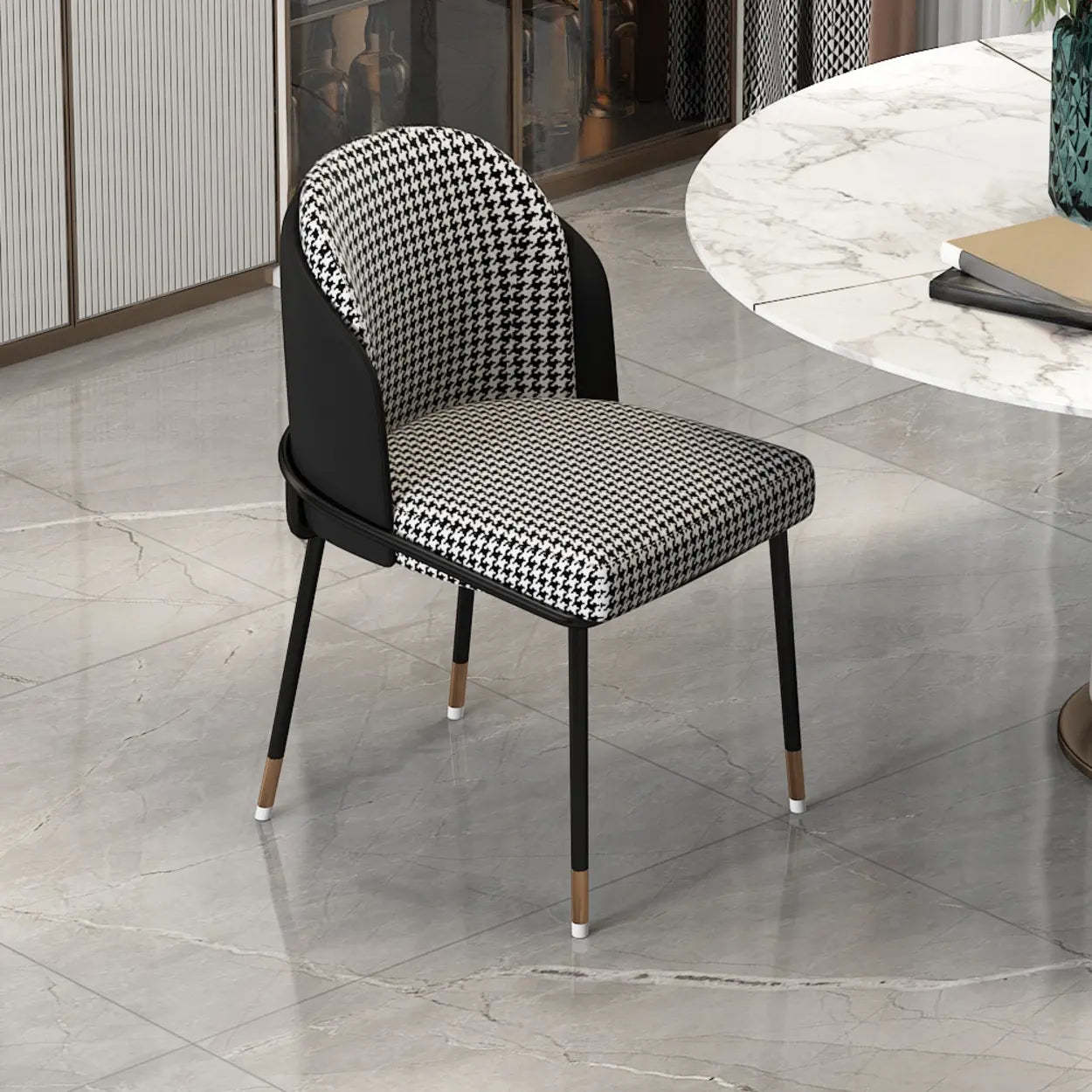 Lighom faux houndstooth leather dining chairs & benches for kitchen — Black Houndstooth