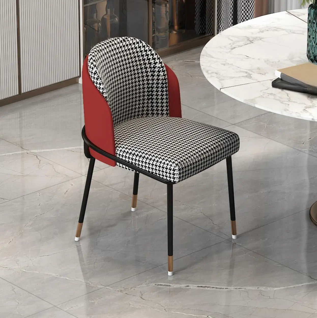 Faux Leather Houndstooth Dining Chair — Gray/ Blue