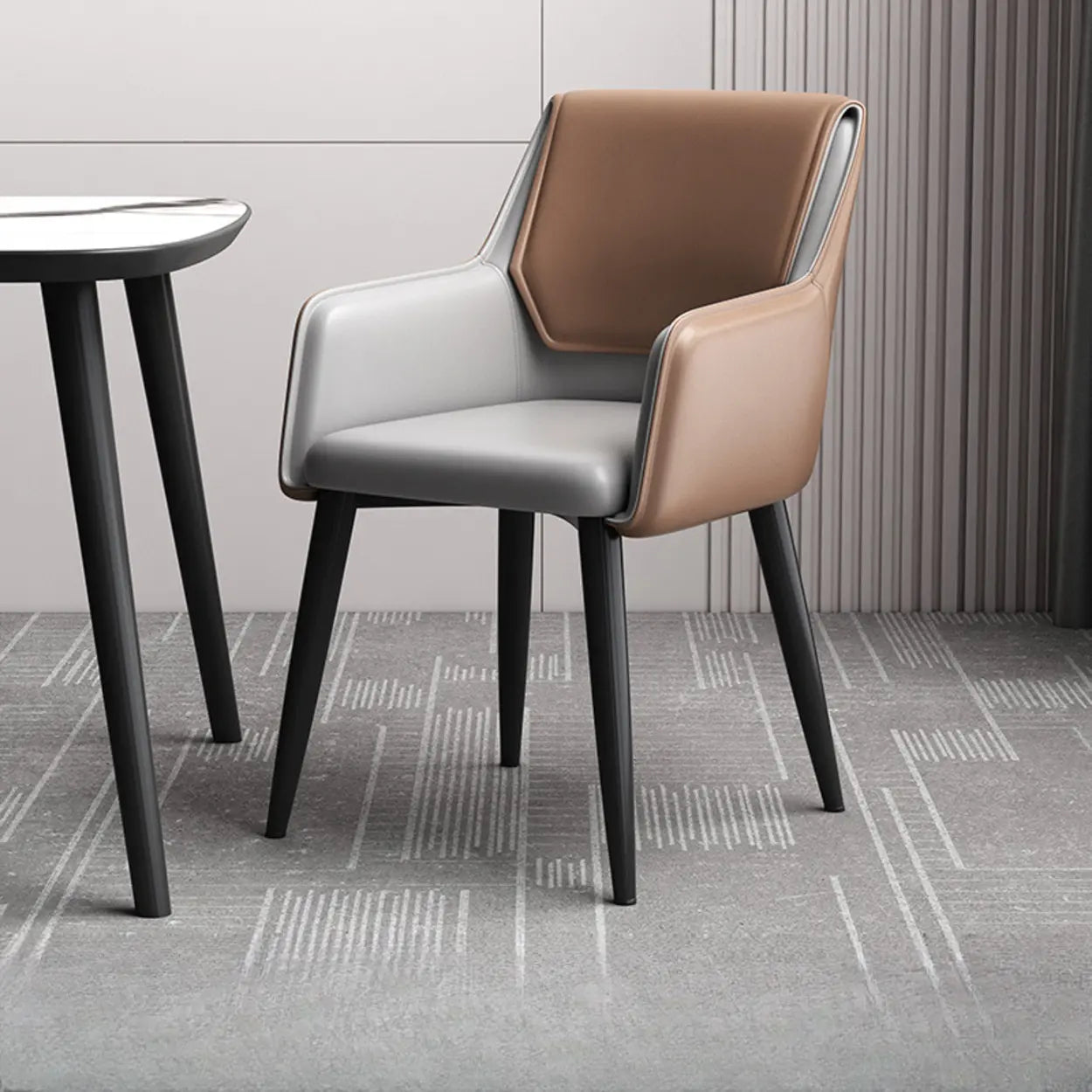 Faux Leather Solid Back Arm Dining Chair — Brown