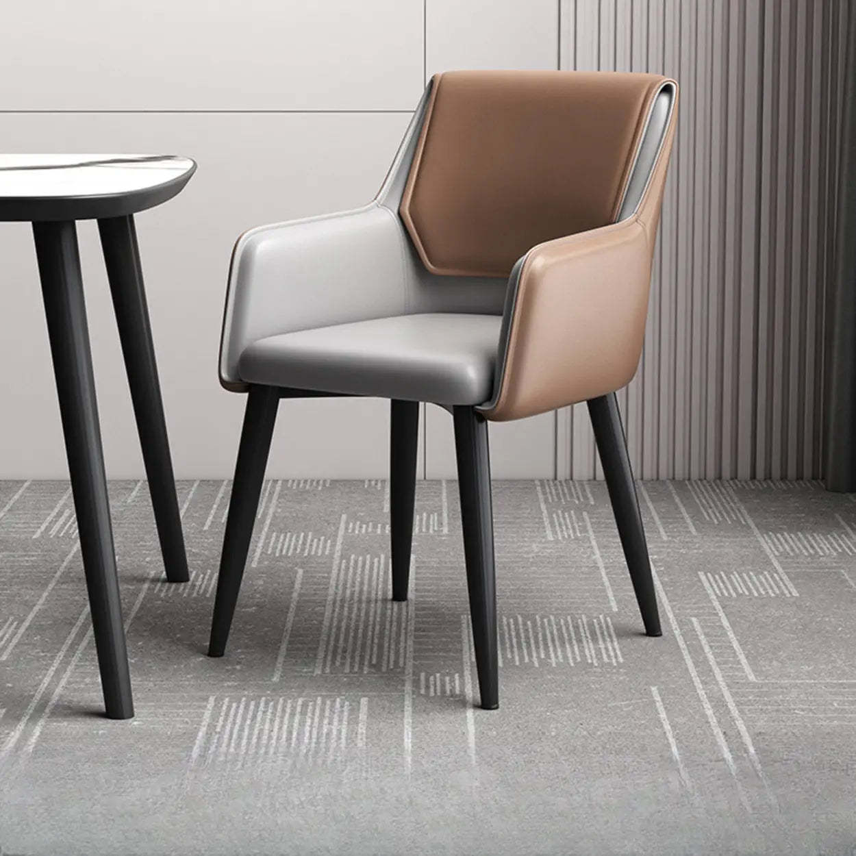 Faux Leather Solid Back Arm Dining Chair — Brown