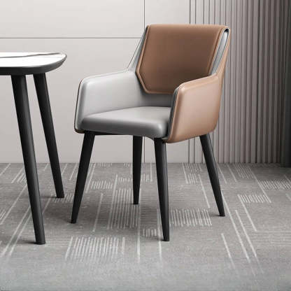 Faux Leather Solid Back Arm Dining Chair — Brown