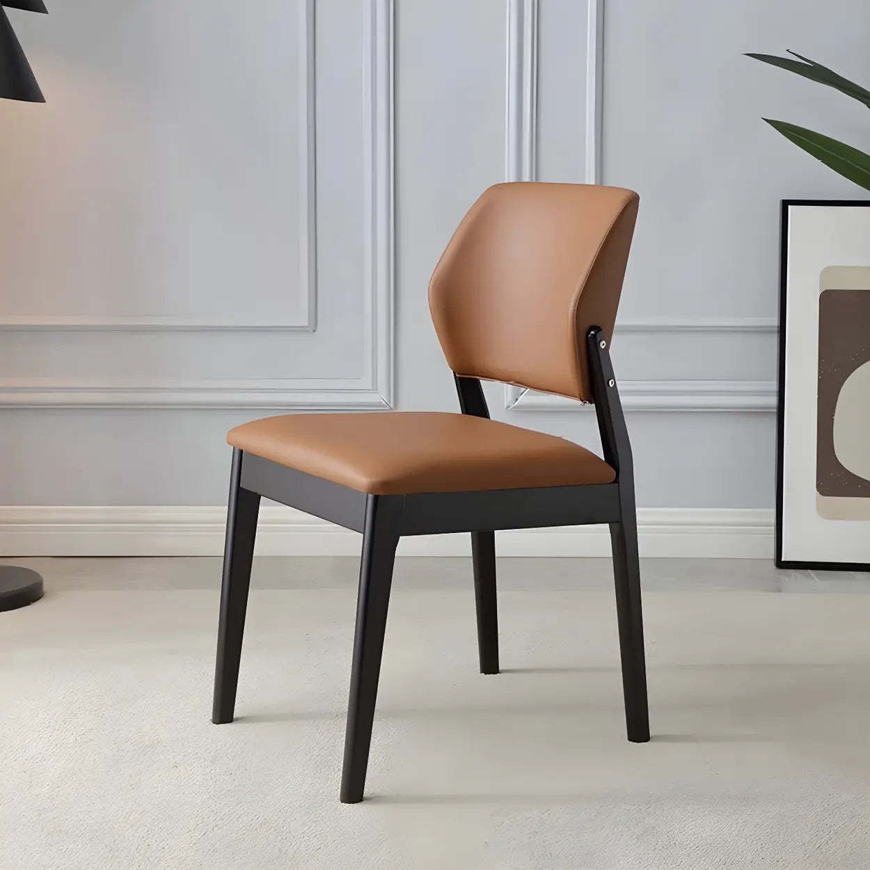 Faux Leather Wood Frame Dining Chair — Orange Red / 1 Piece / Black