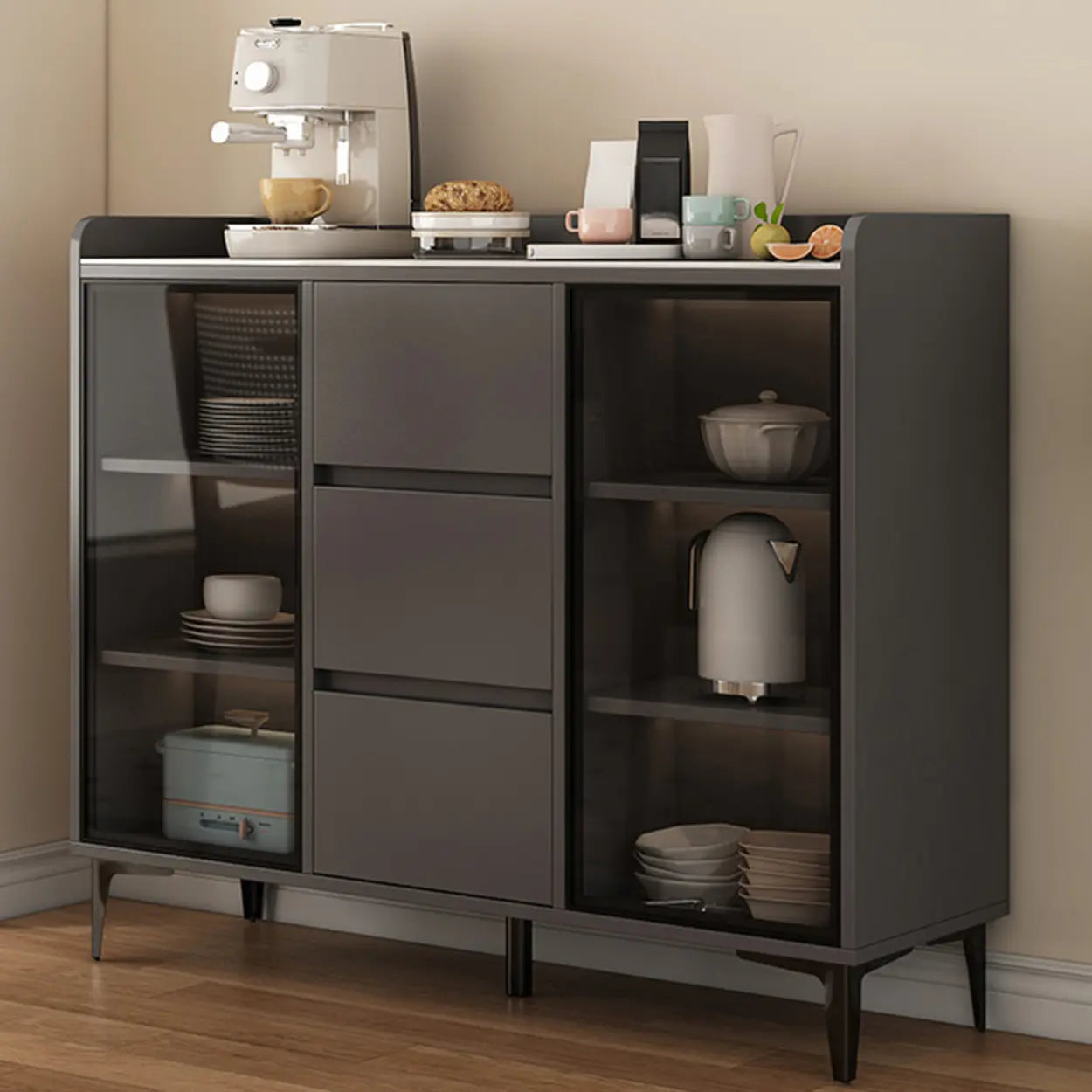 Faux Stone Top White Slab Buffet with Drawers — White