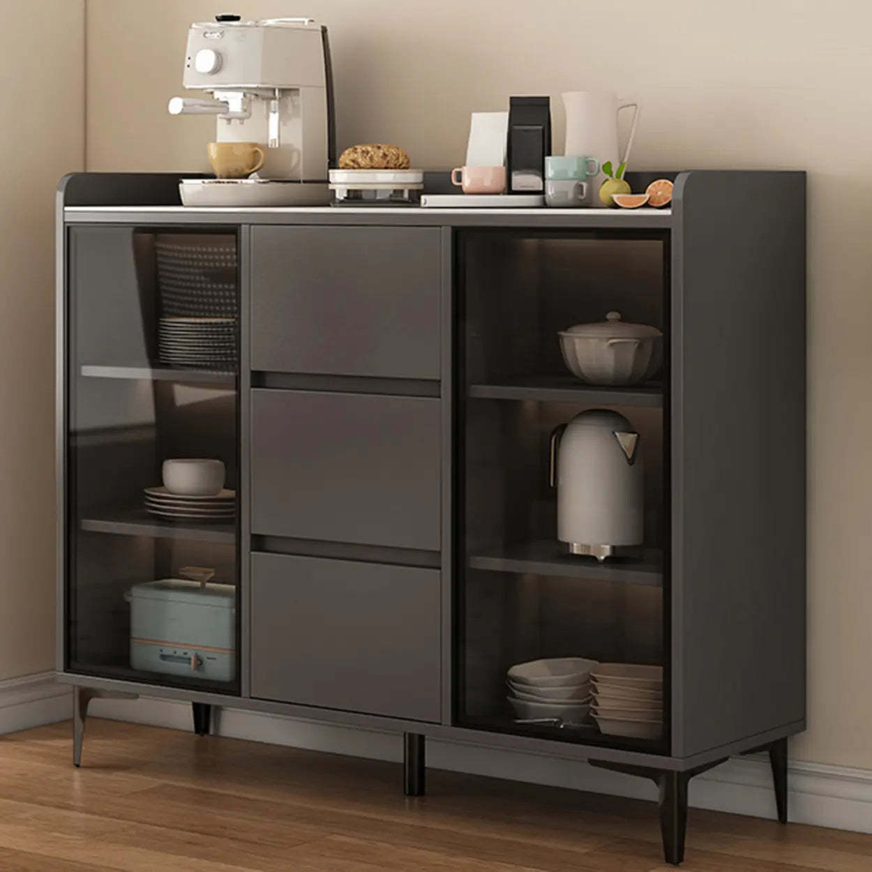 Faux Stone Top White Slab Buffet with Drawers — White