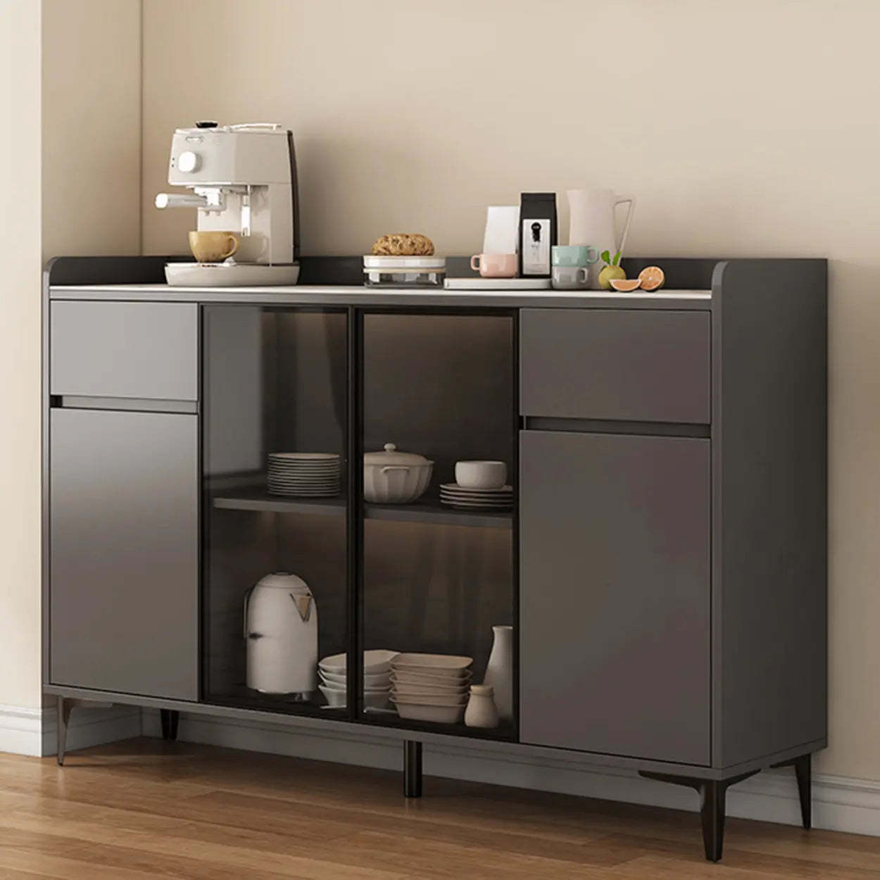 Faux Stone Top White Slab Buffet with Drawers — Grey