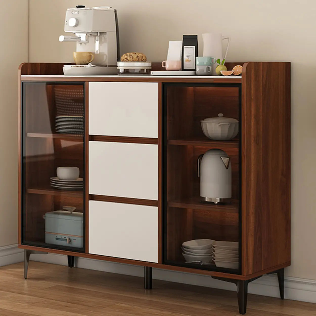 Faux Stone Top White Slab Buffet with Drawers