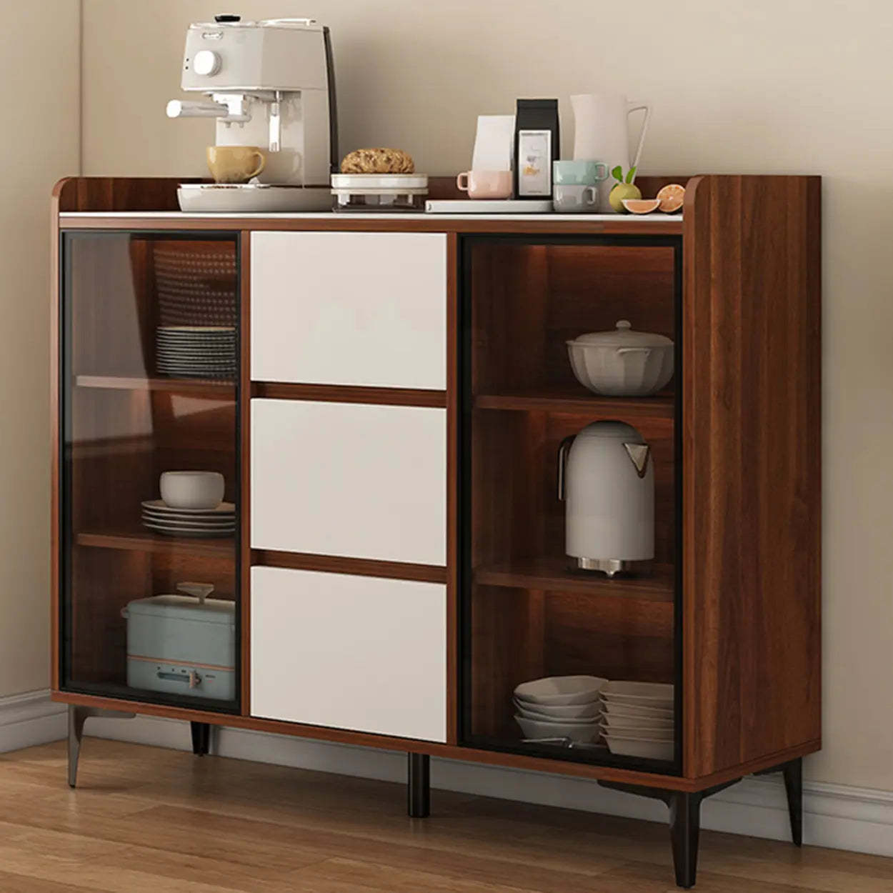 Faux Stone Top White Slab Buffet with Drawers