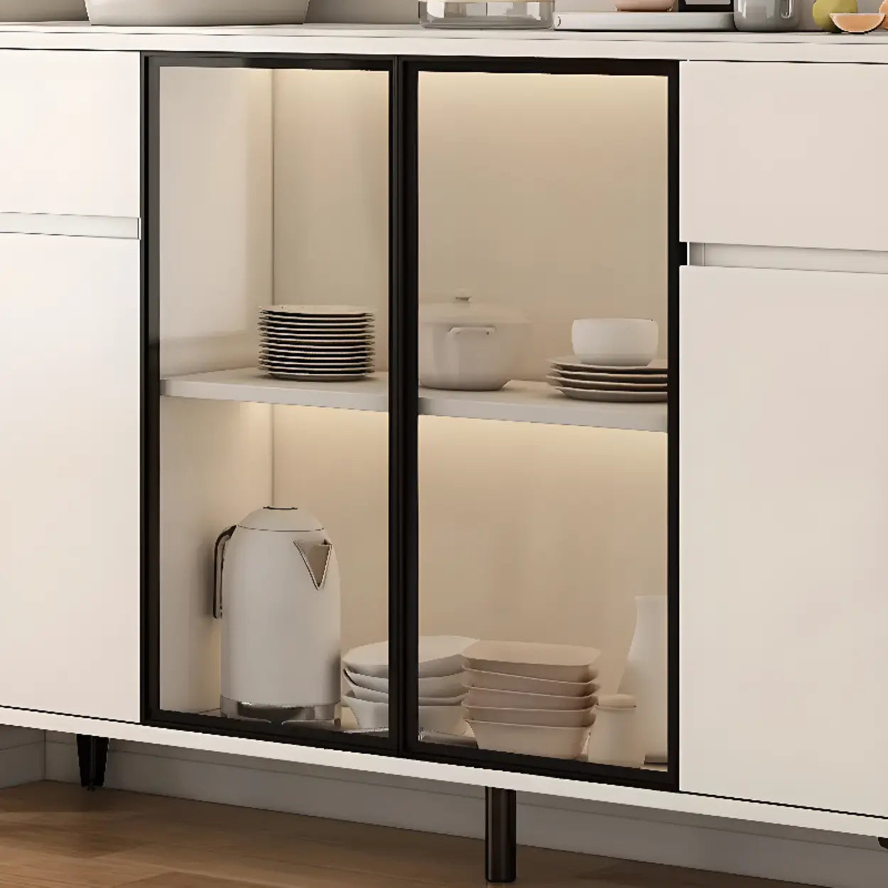 Faux Stone Top White Slab Buffet with Drawers