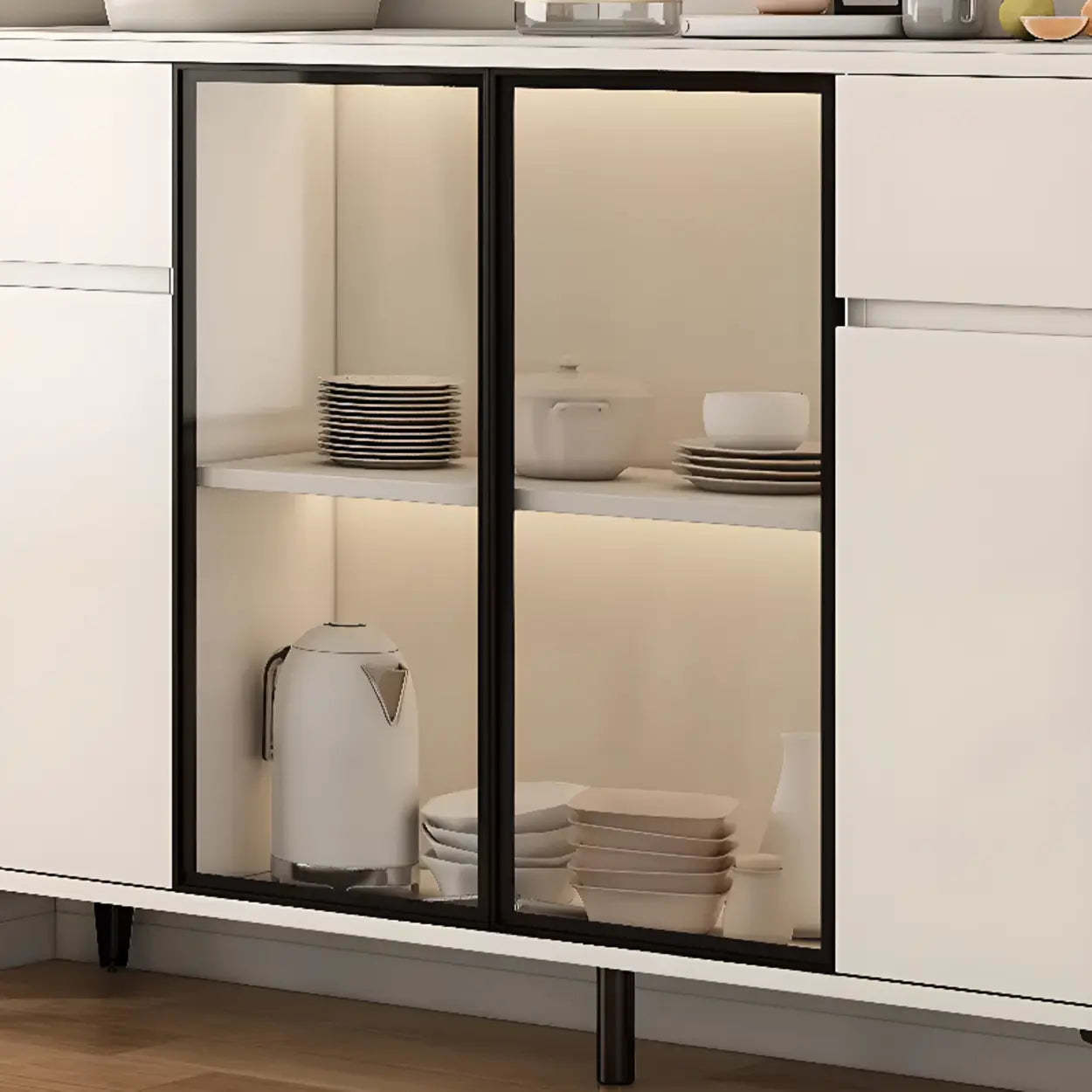 Faux Stone Top White Slab Buffet with Drawers