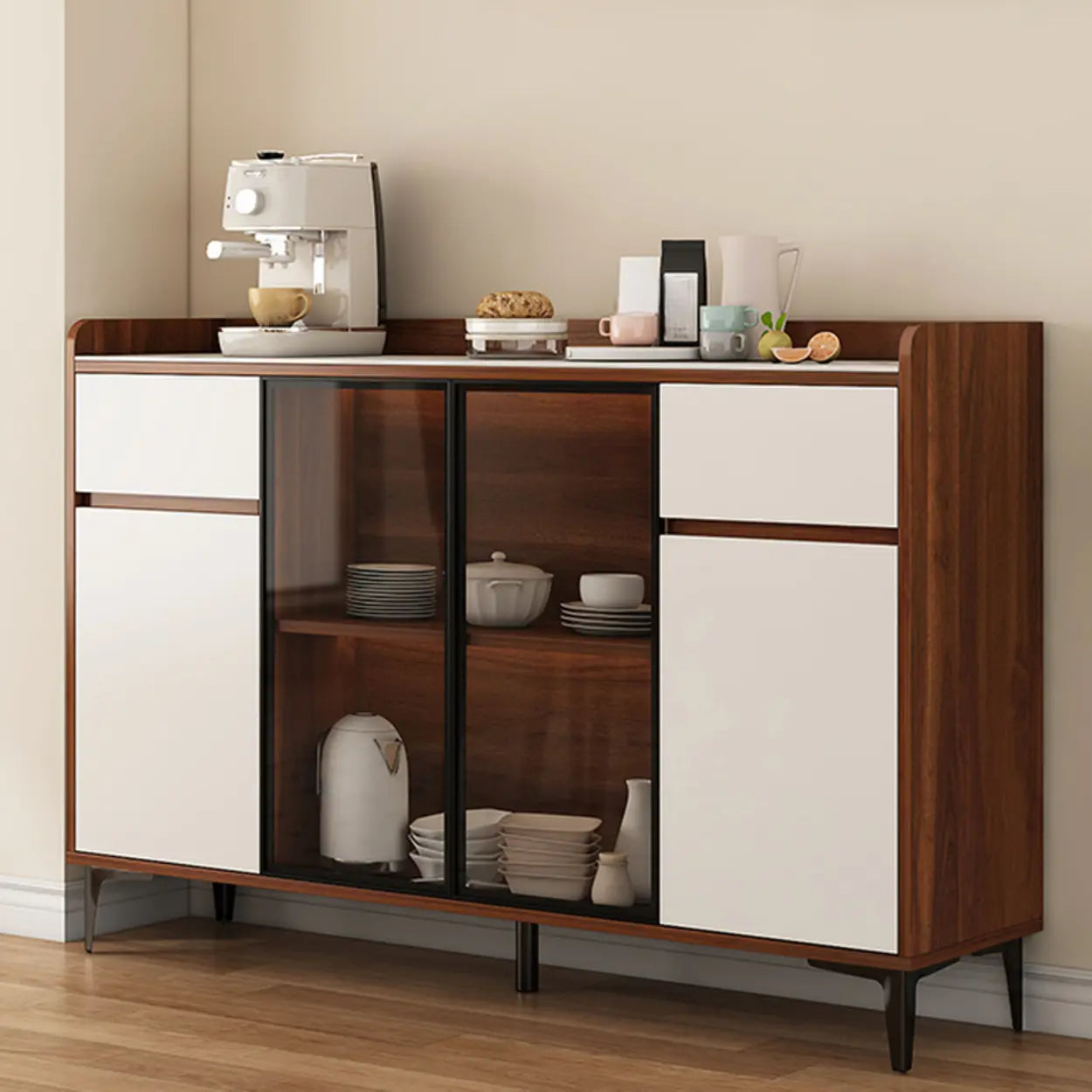 Faux Stone Top White Slab Buffet with Drawers