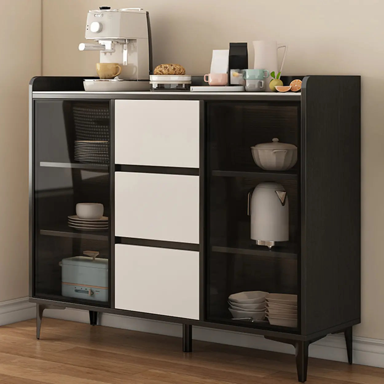 Faux Stone Top White Slab Buffet with Drawers