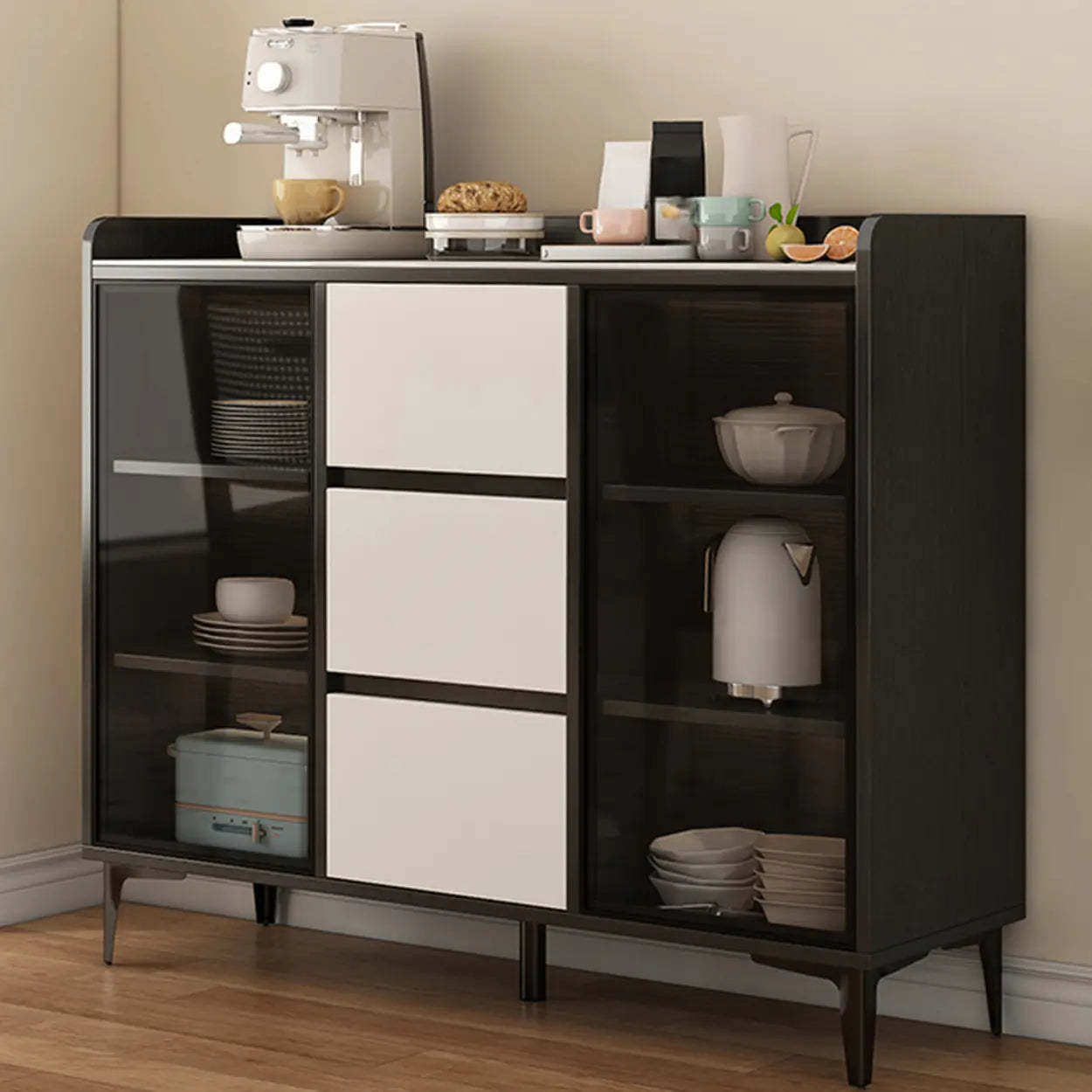 Faux Stone Top White Slab Buffet with Drawers