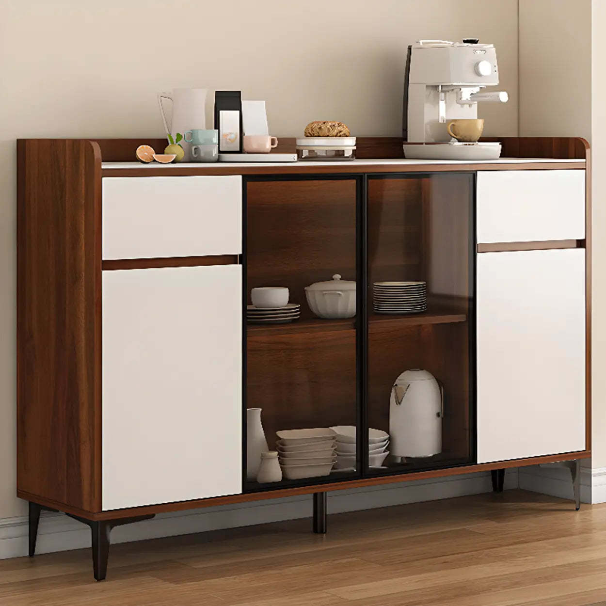 Faux Stone Top White Slab Buffet with Drawers — Walnut
