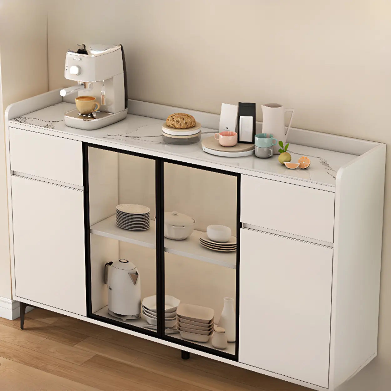 Faux Stone Top White Slab Buffet with Drawers — Grey