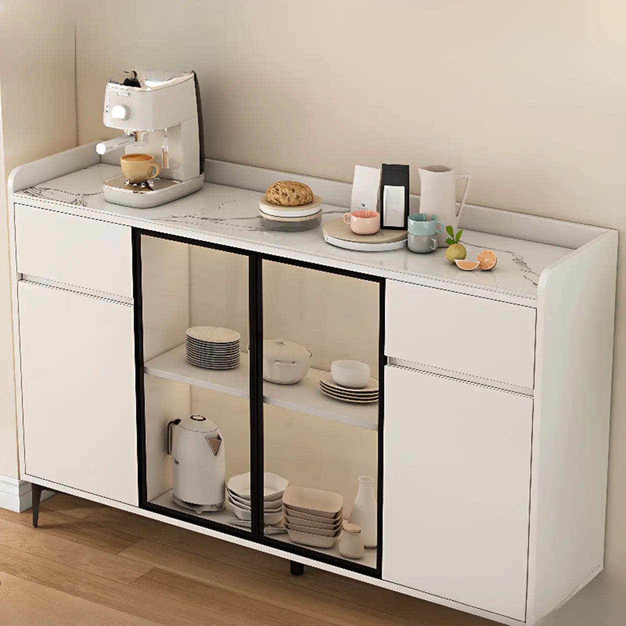 Faux Stone Top White Slab Buffet with Drawers — Grey