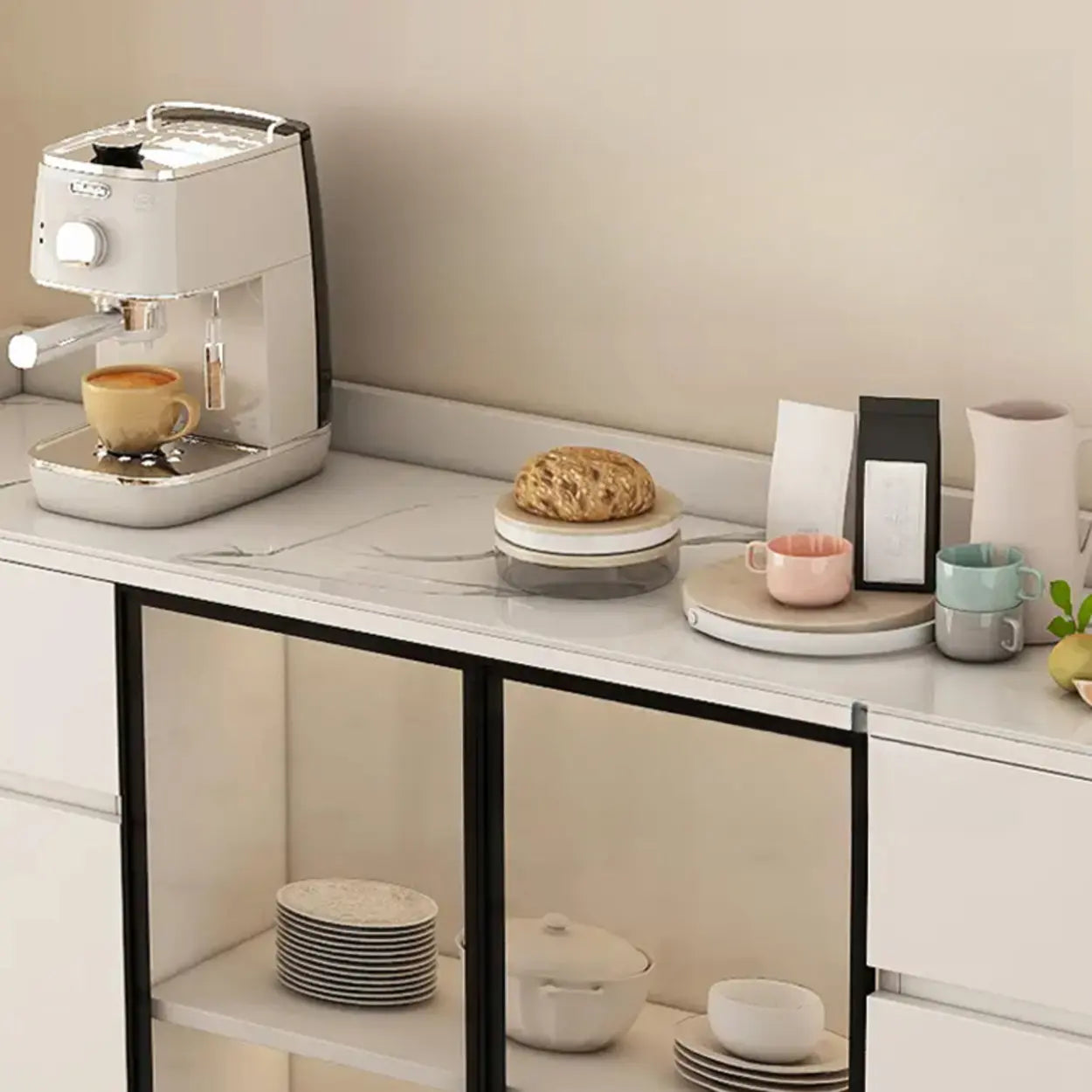 Faux Stone Top White Slab Buffet with Drawers — Black