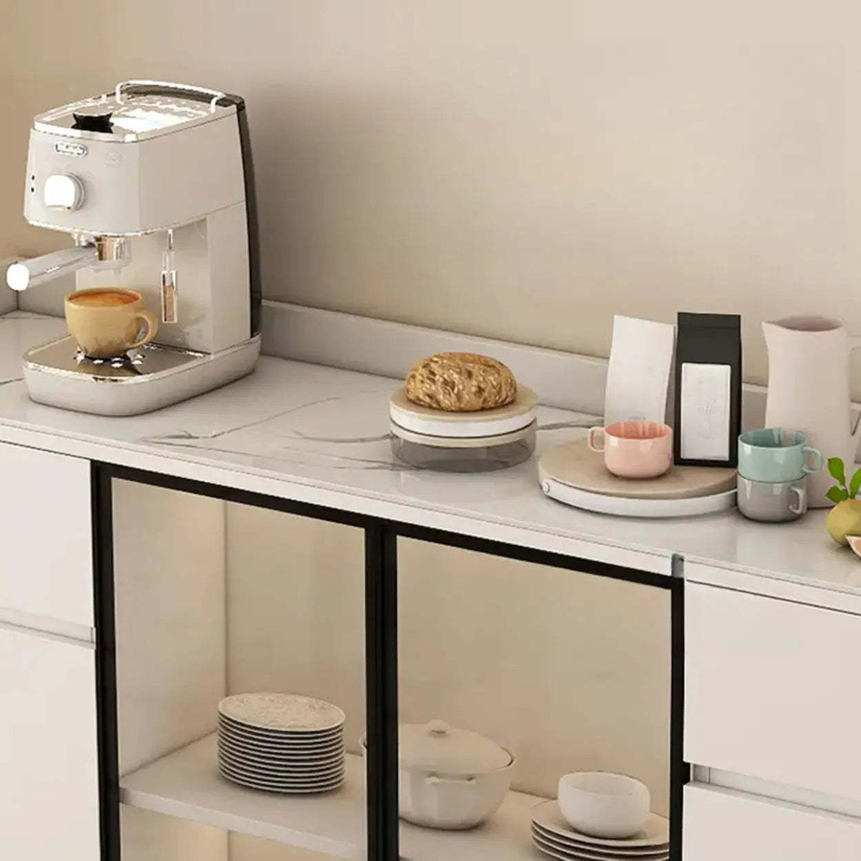 Faux Stone Top White Slab Buffet with Drawers — Black