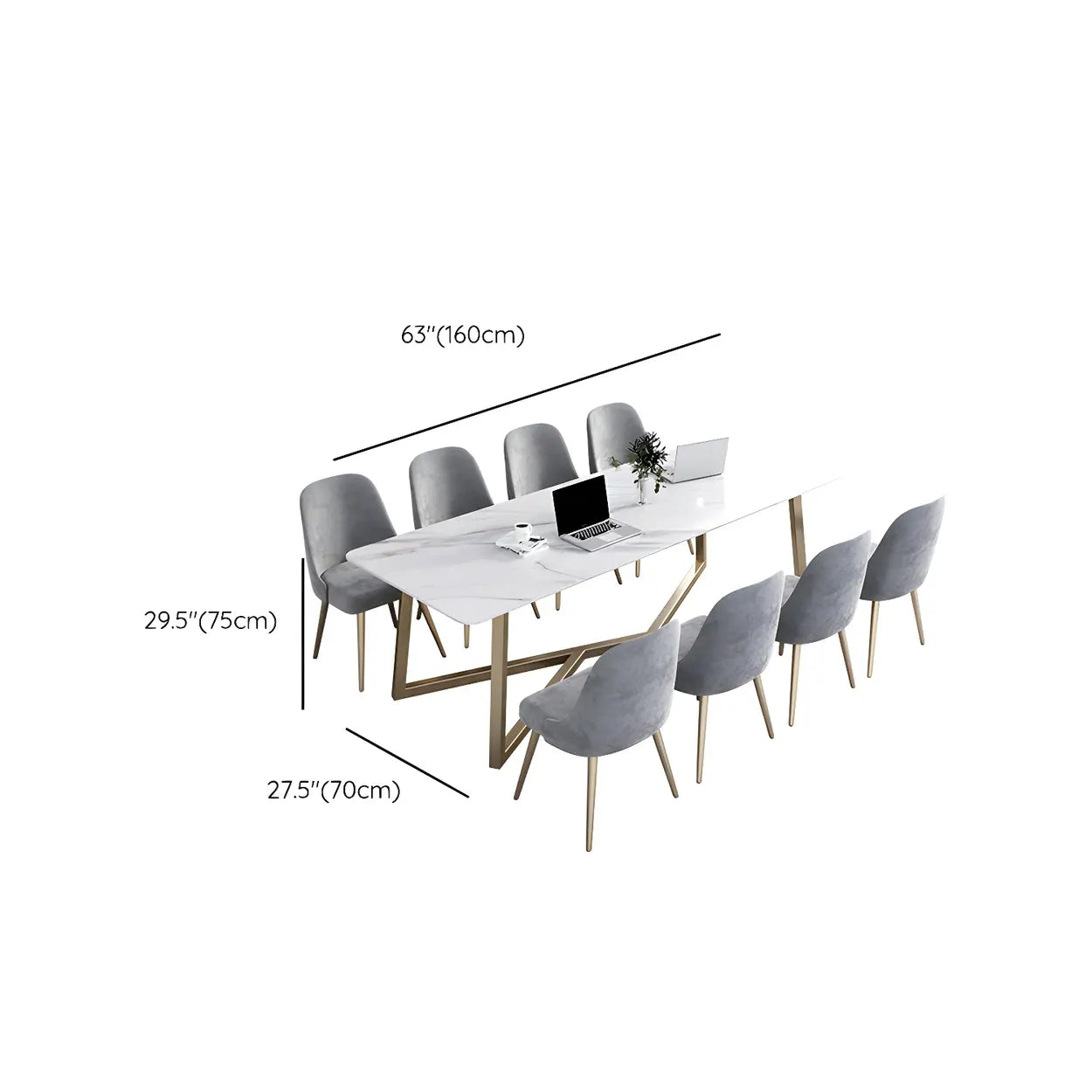 Glam White Stone Gold Trestle Conference Table for 8 #size