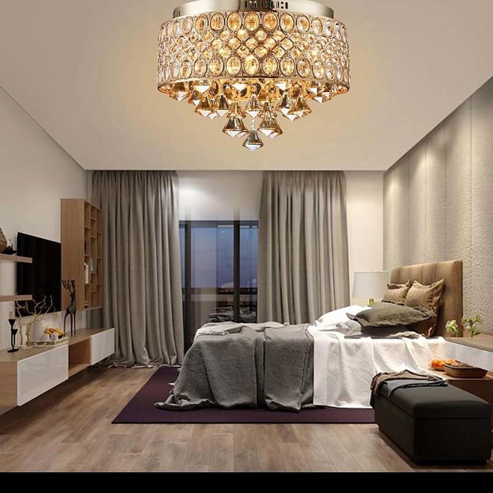 4-Light Drum Shaped Crystal Metal Modern Flush Mount Lighting Chandelier-Lighom