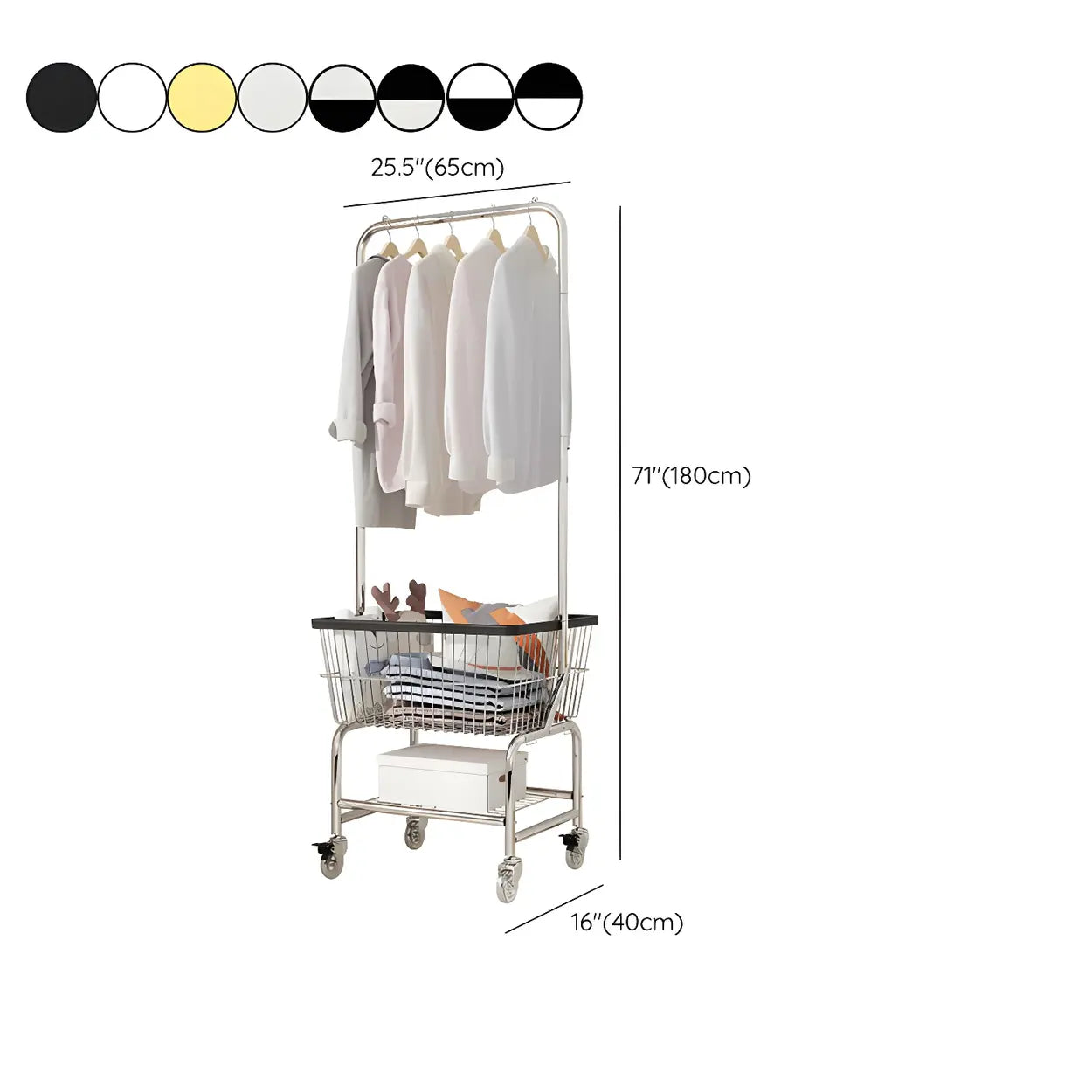 Silver Steel Shelf Wheeled Coat Rack with Basket