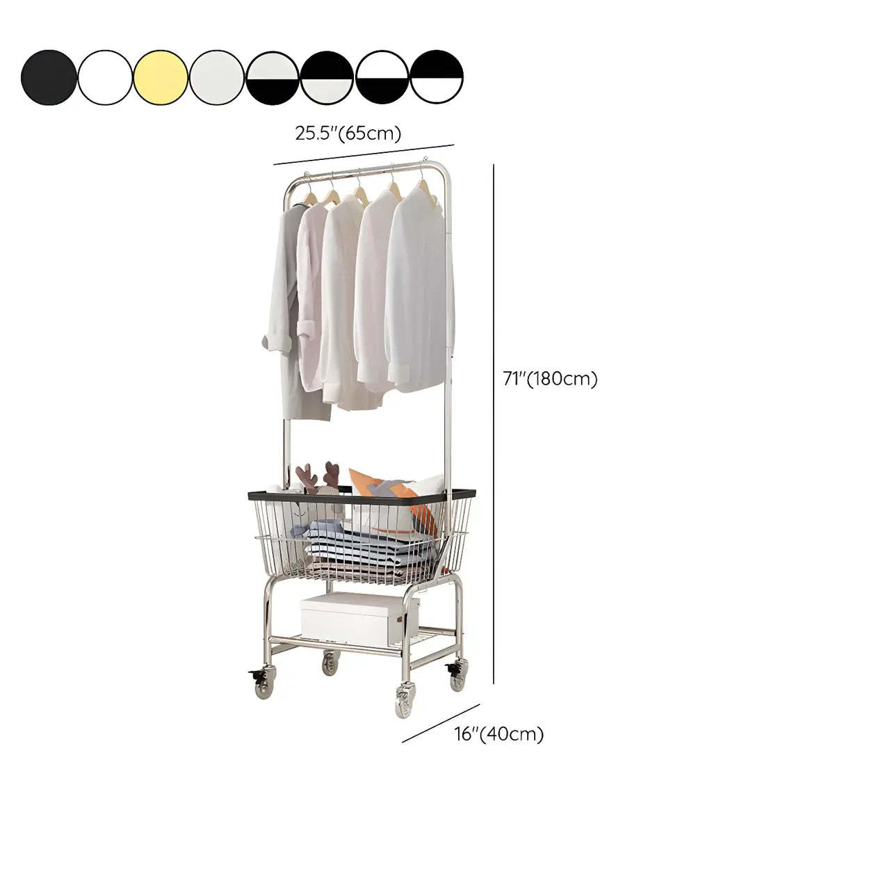 Silver Steel Shelf Wheeled Coat Rack with Basket