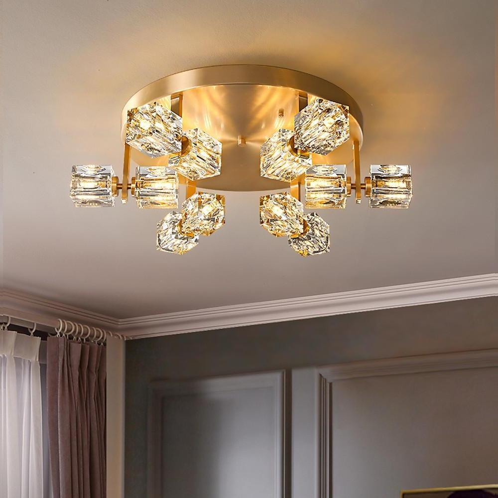 6-Light Unique Crystal Brass LED Flush Mount Light — 12 Heads