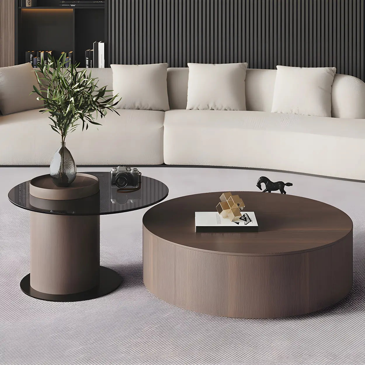 Oak Wood Round Nesting Storage Coffee Table — Black