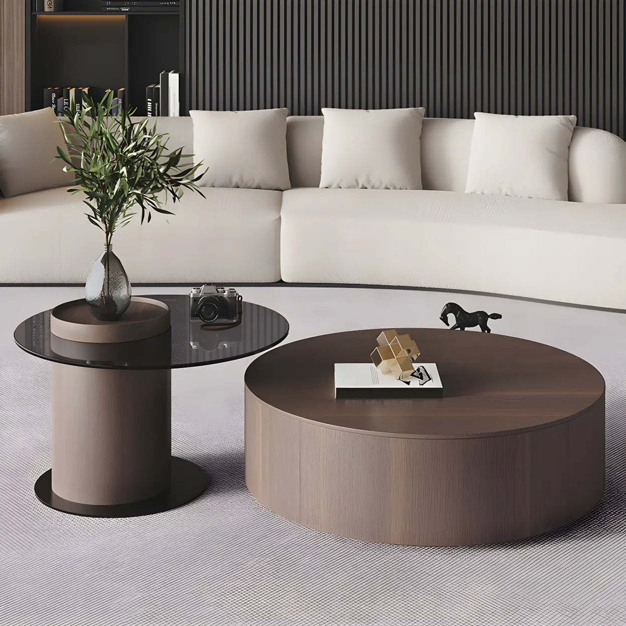 Oak Wood Round Nesting Storage Coffee Table — Black