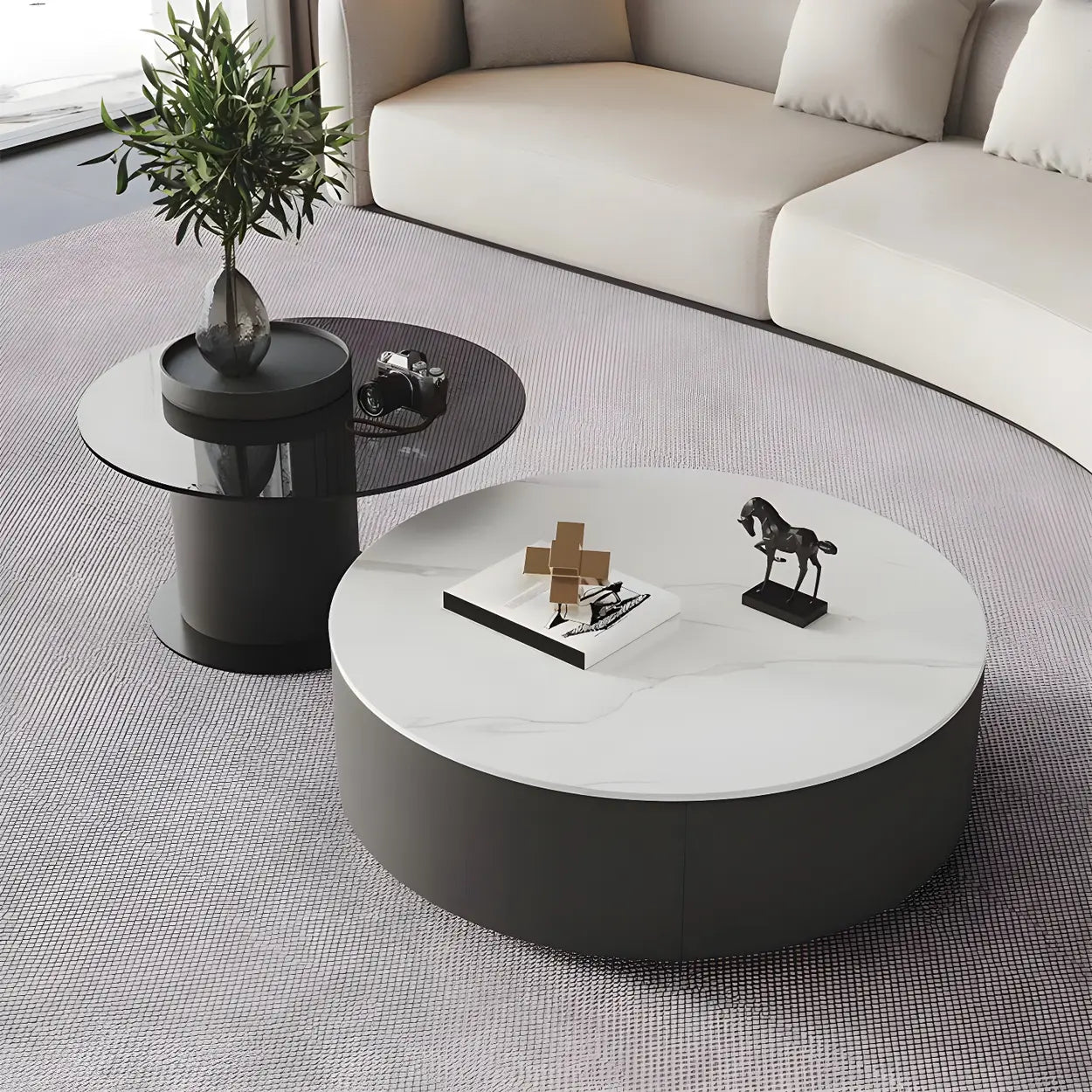 Oak Wood Round Nesting Storage Coffee Table — White-Brown