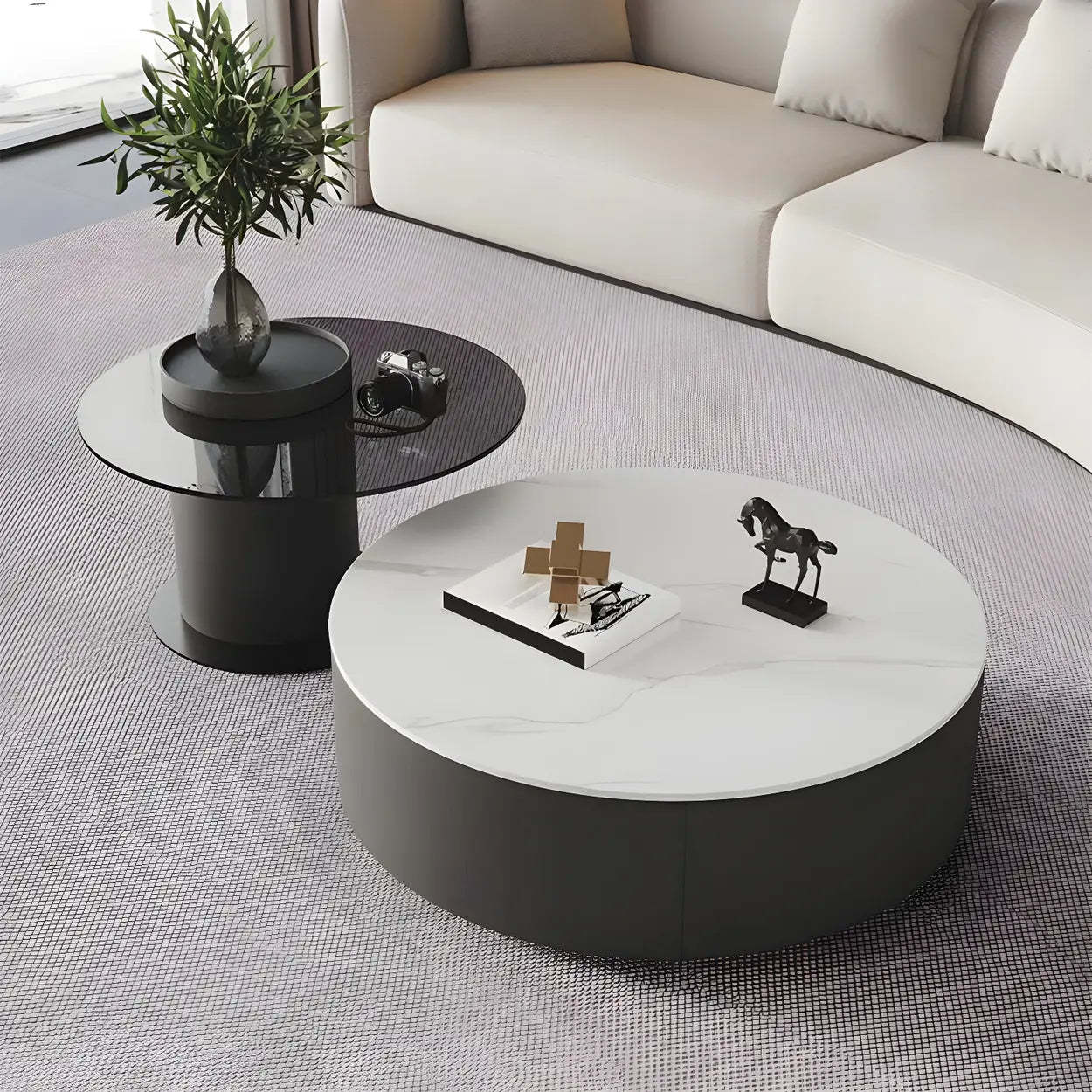 Oak Wood Round Nesting Storage Coffee Table — White-Brown
