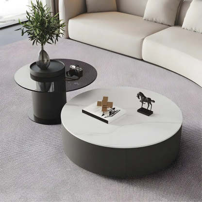 Oak Wood Round Nesting Storage Coffee Table — White-Brown