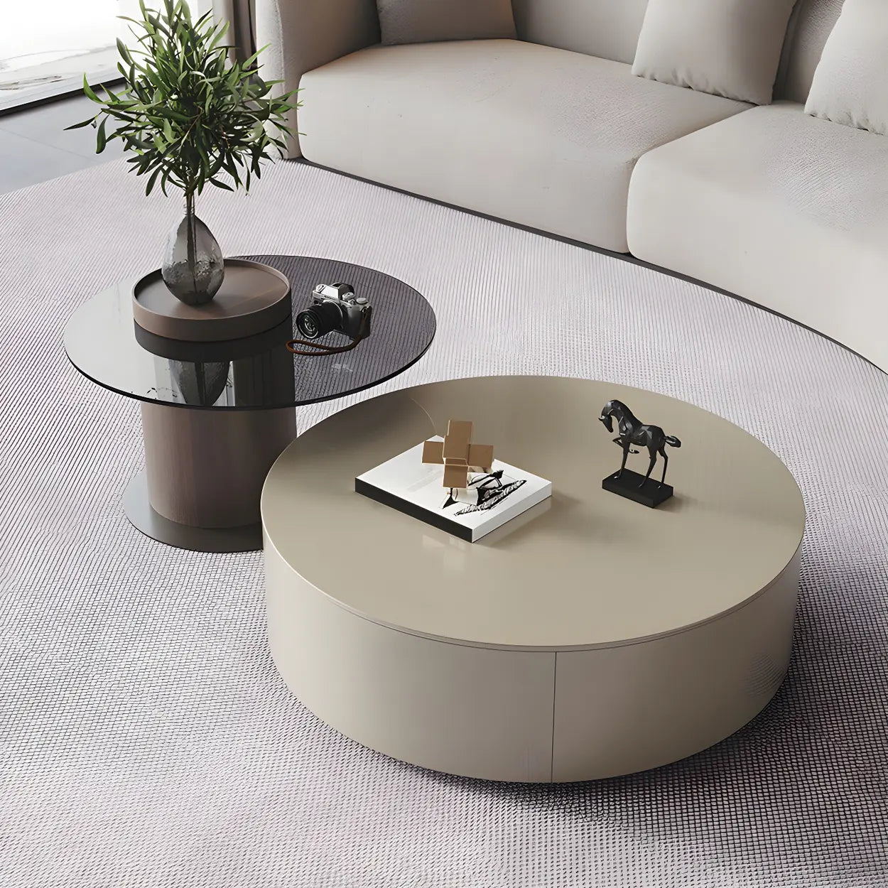 Oak Wood Round Nesting Storage Coffee Table