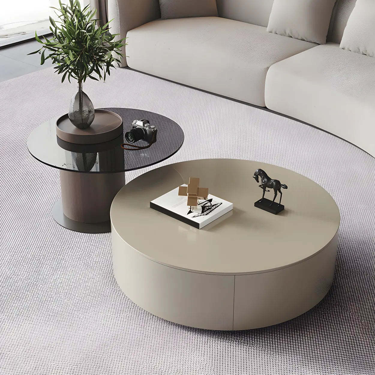 Oak Wood Round Nesting Storage Coffee Table