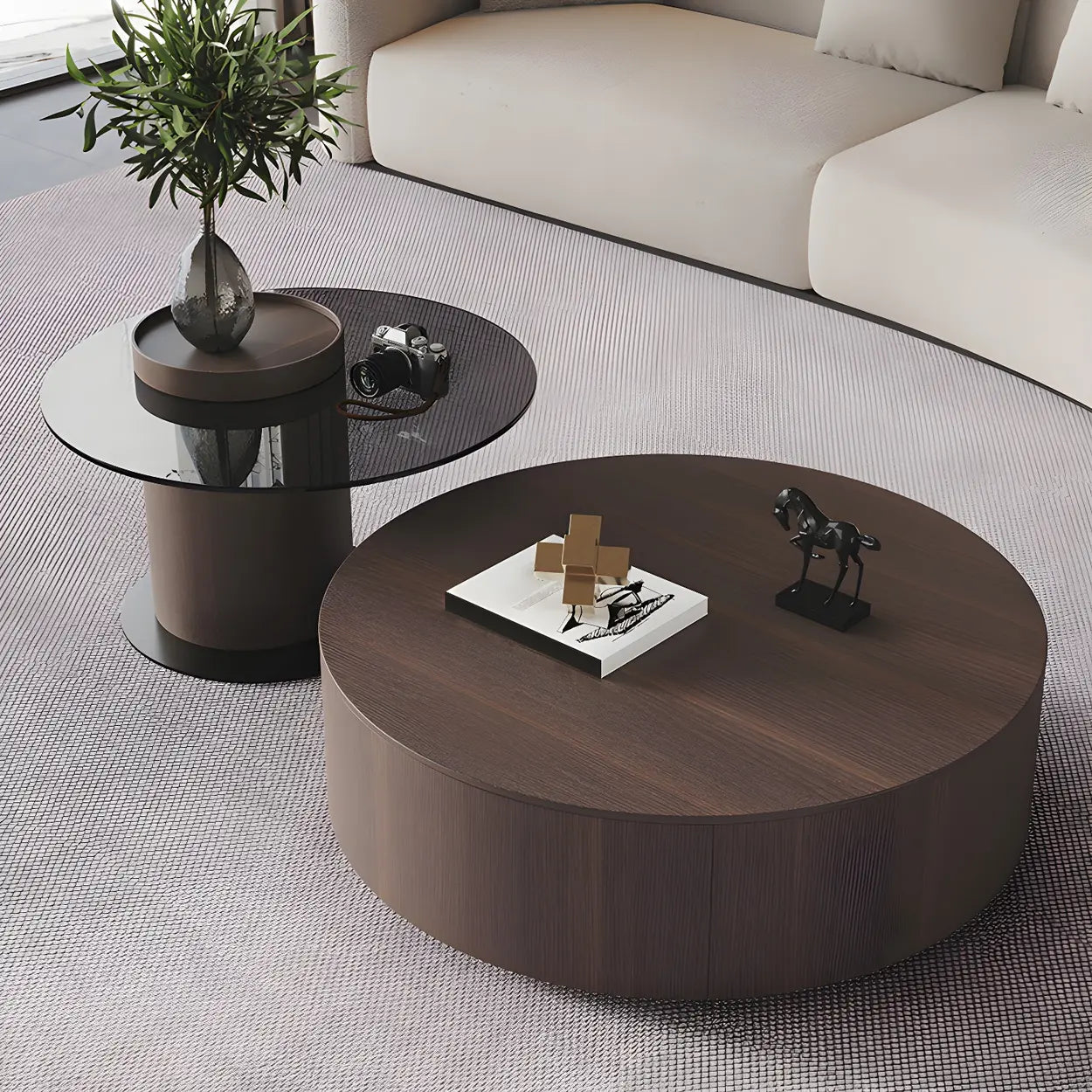 Oak Wood Round Nesting Storage Coffee Table