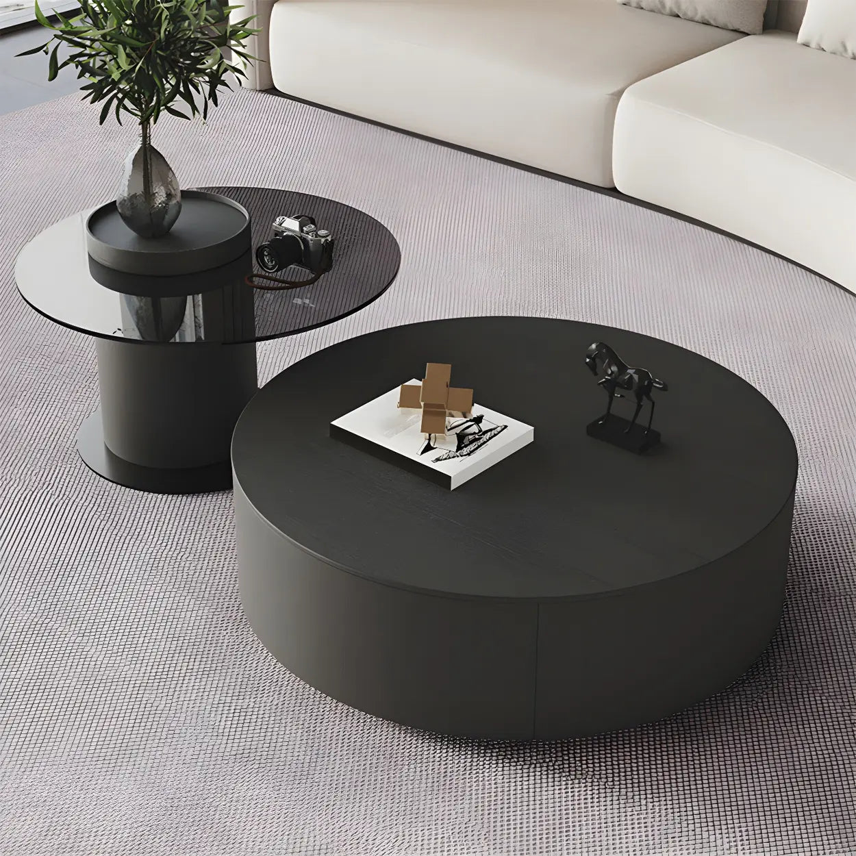 Oak Wood Round Nesting Storage Coffee Table