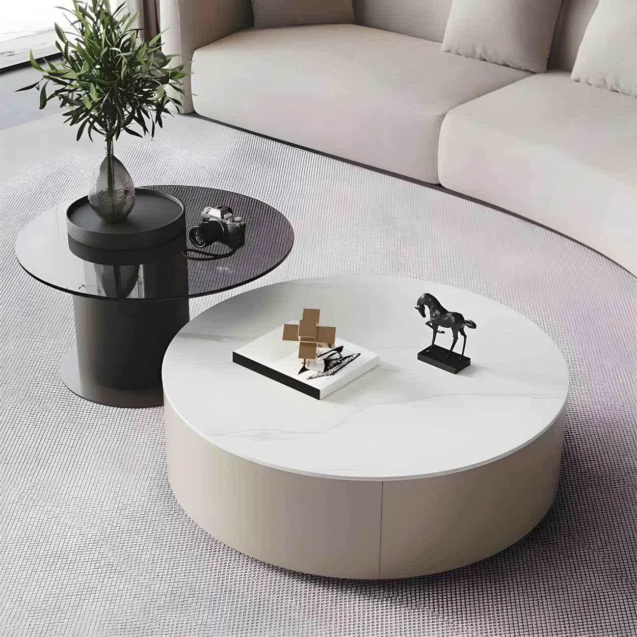 Oak Wood Round Nesting Storage Coffee Table