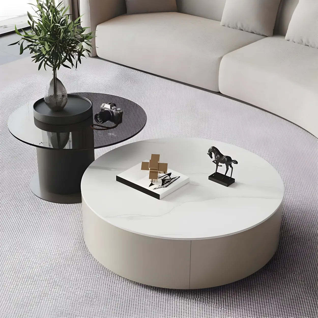 Oak Wood Round Nesting Storage Coffee Table
