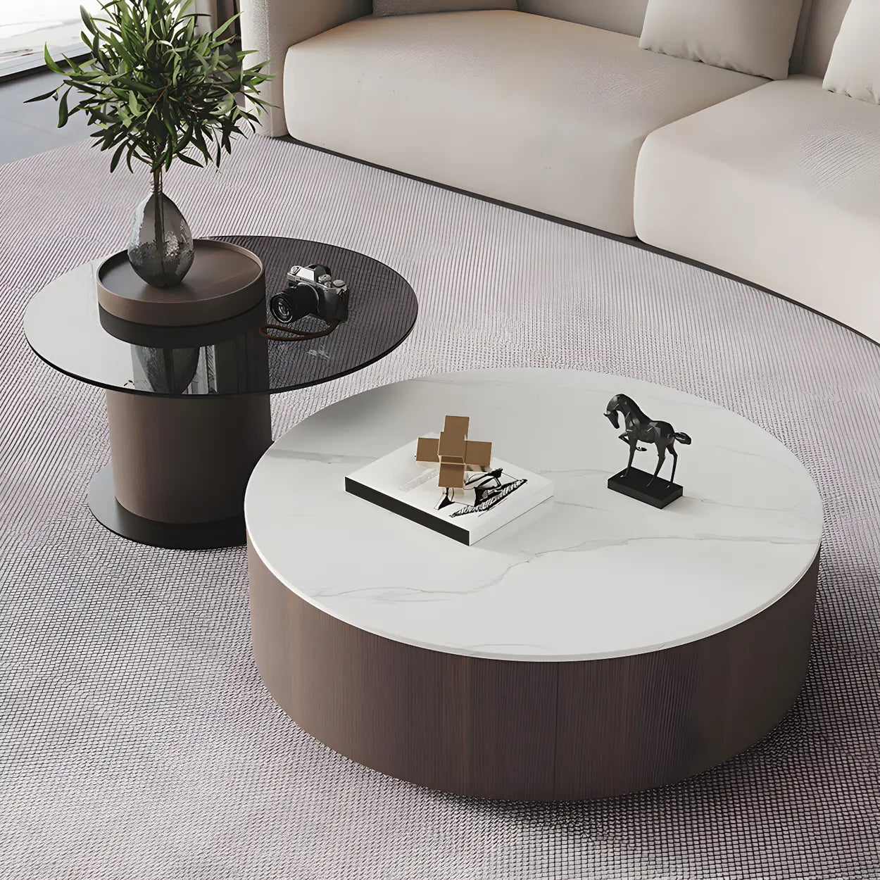 Oak Wood Round Nesting Storage Coffee Table — Black