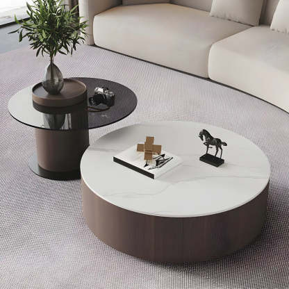 Oak Wood Round Nesting Storage Coffee Table — Black