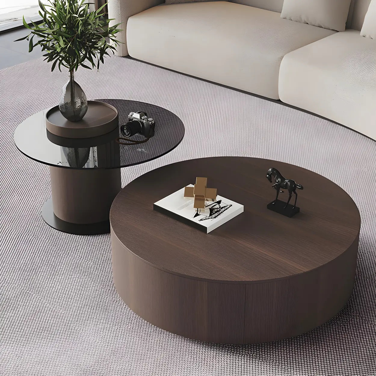 Oak Wood Round Nesting Storage Coffee Table — Black-White