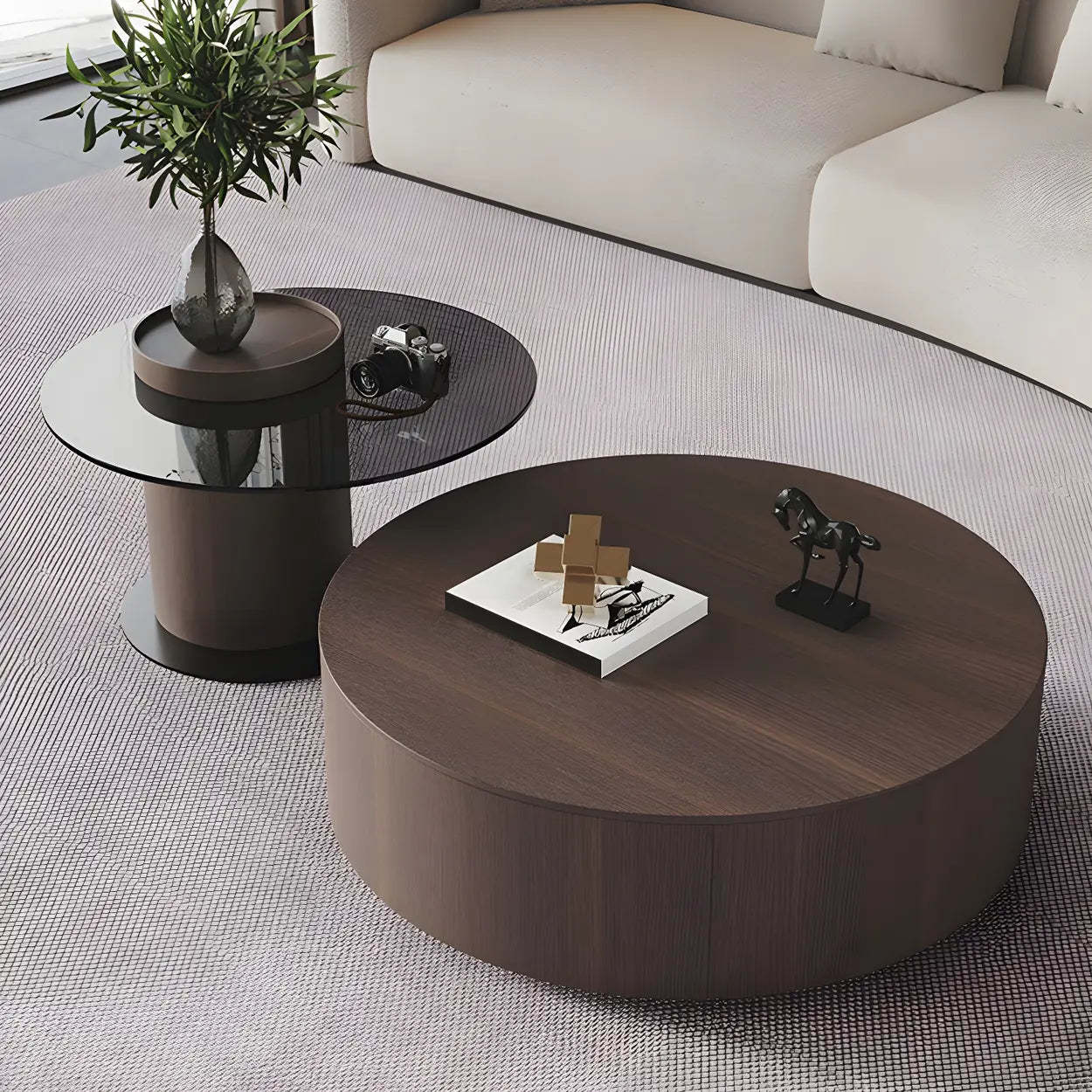 Oak Wood Round Nesting Storage Coffee Table — Black-White
