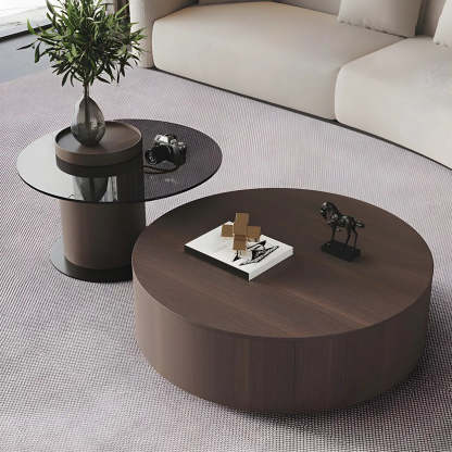 Oak Wood Round Nesting Storage Coffee Table — Black-White