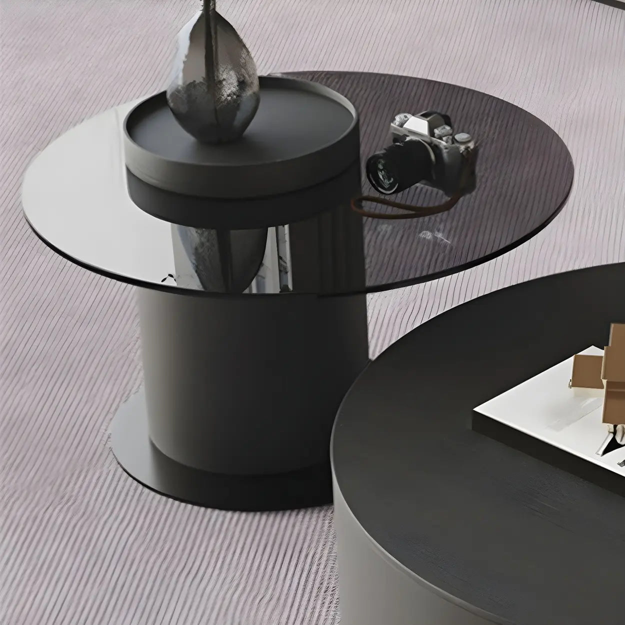 Oak Wood Round Nesting Storage Coffee Table — Brown