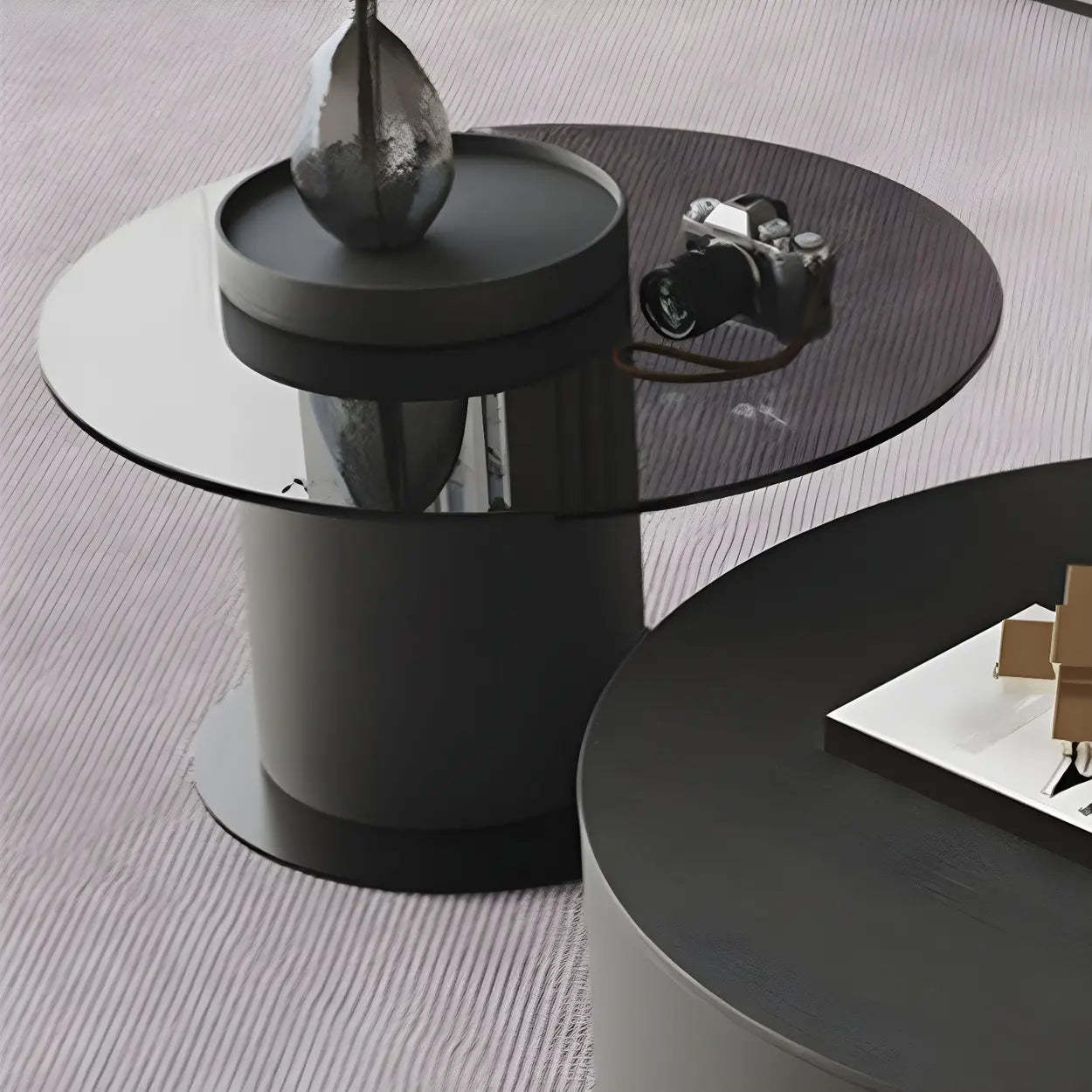Oak Wood Round Nesting Storage Coffee Table — Brown