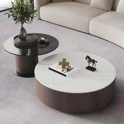 Oak Wood Round Nesting Storage Coffee Table — Khaki-White
